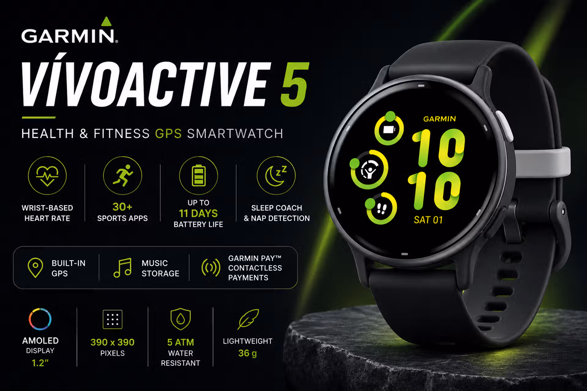 Garmin vívoactive 5 smartwatch with key features and specifications