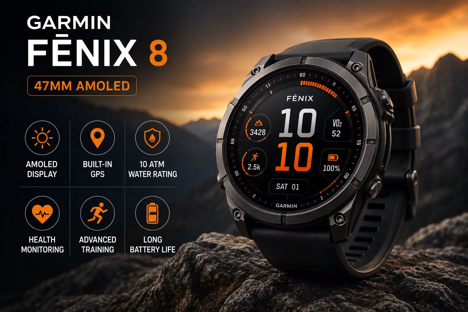 Garmin fēnix 8 47mm AMOLED smartwatch with key features