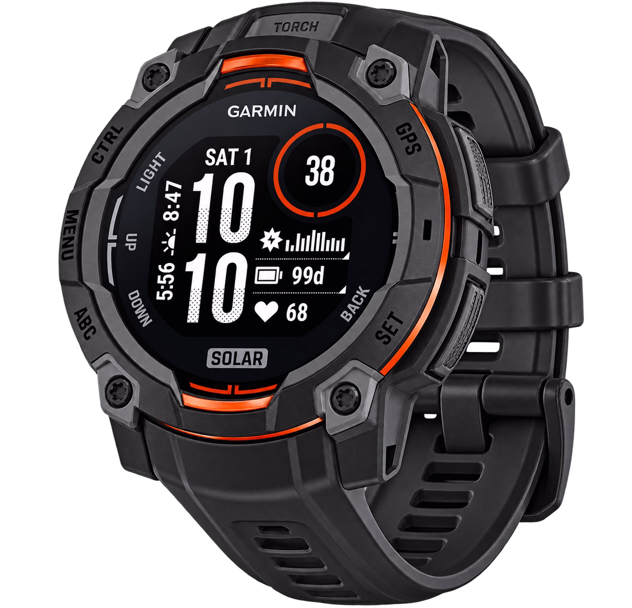 Garmin Instinct 3 Solar GPS smartwatch 45mm in black with orange accents