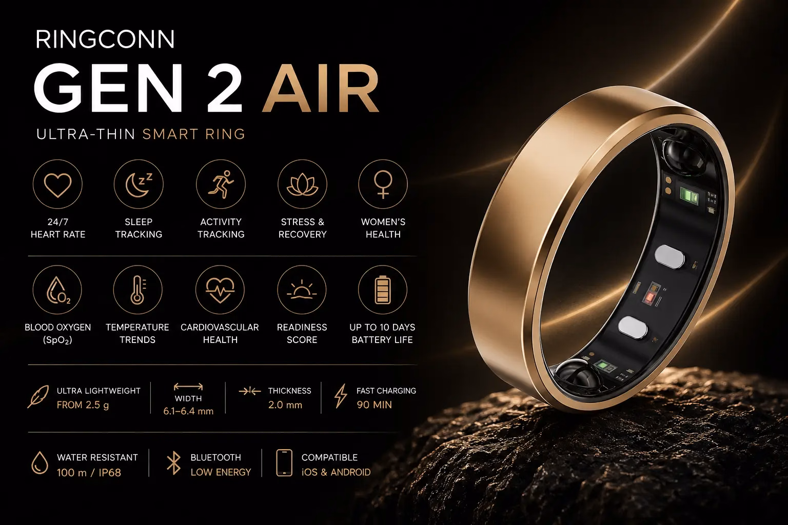 RingConn Gen 2 Air smart ring with health tracking, sleep tracking and key specifications
