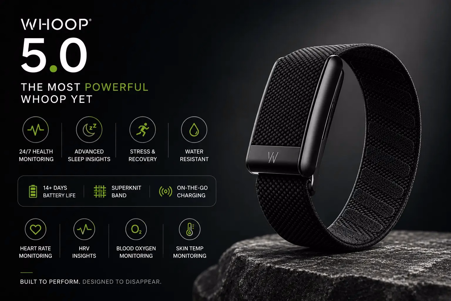 WHOOP 5.0 fitness tracker with 24/7 health monitoring, sleep and recovery insights, and 14+ day battery life